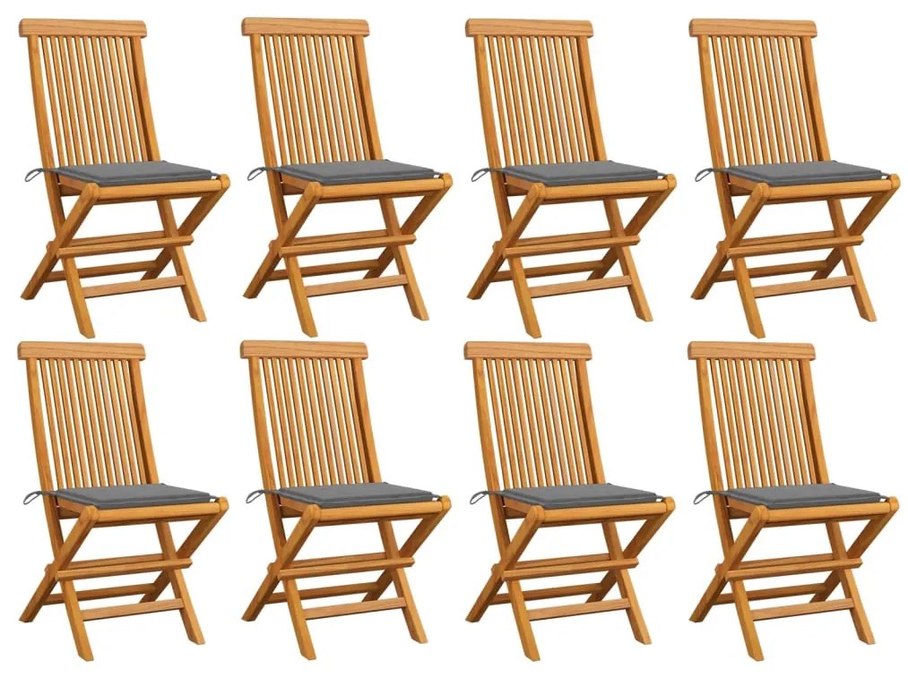 vidaXL Cadeiras de jardim c/ almofadões cinzentos 8 pcs teca maciça