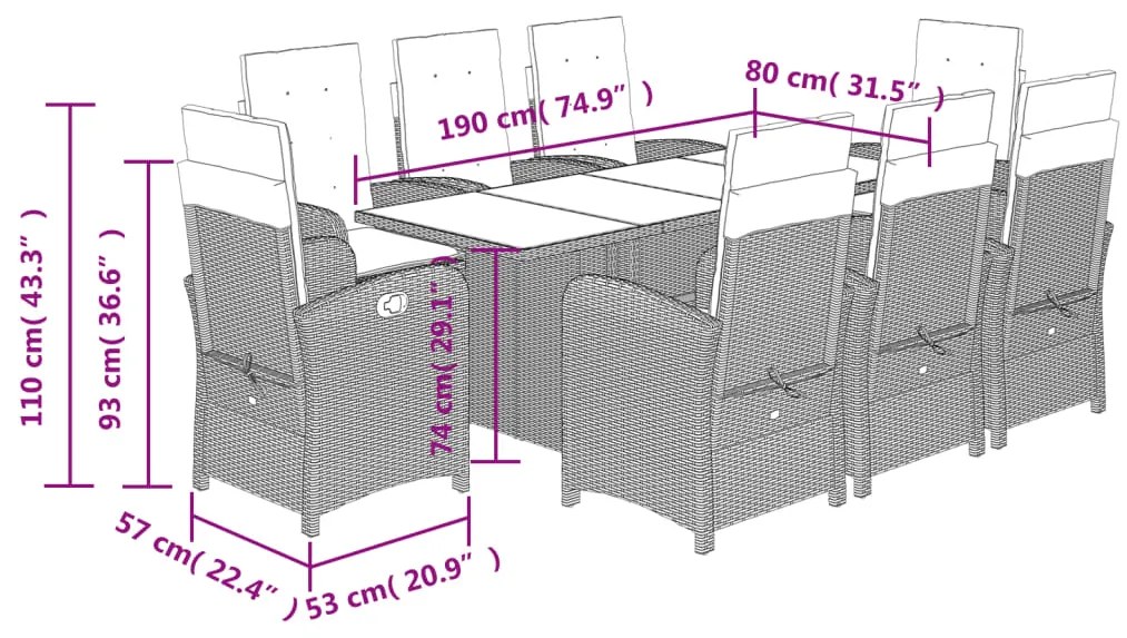 9 pcs conjunto de jantar p/ jardim c/ almofadões vime PE cinza