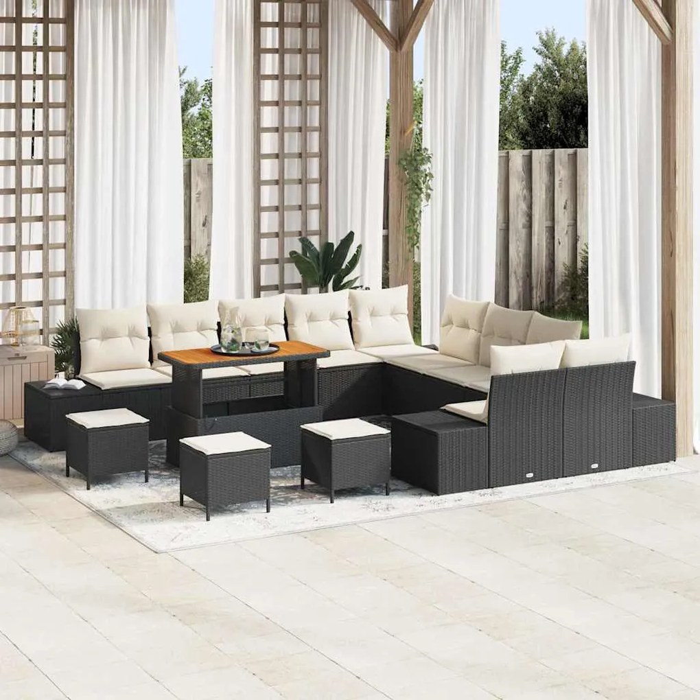 vidaXL Sofá de Jardim 14 Peças com Almofadas Pretas em Rattan e Acácia.