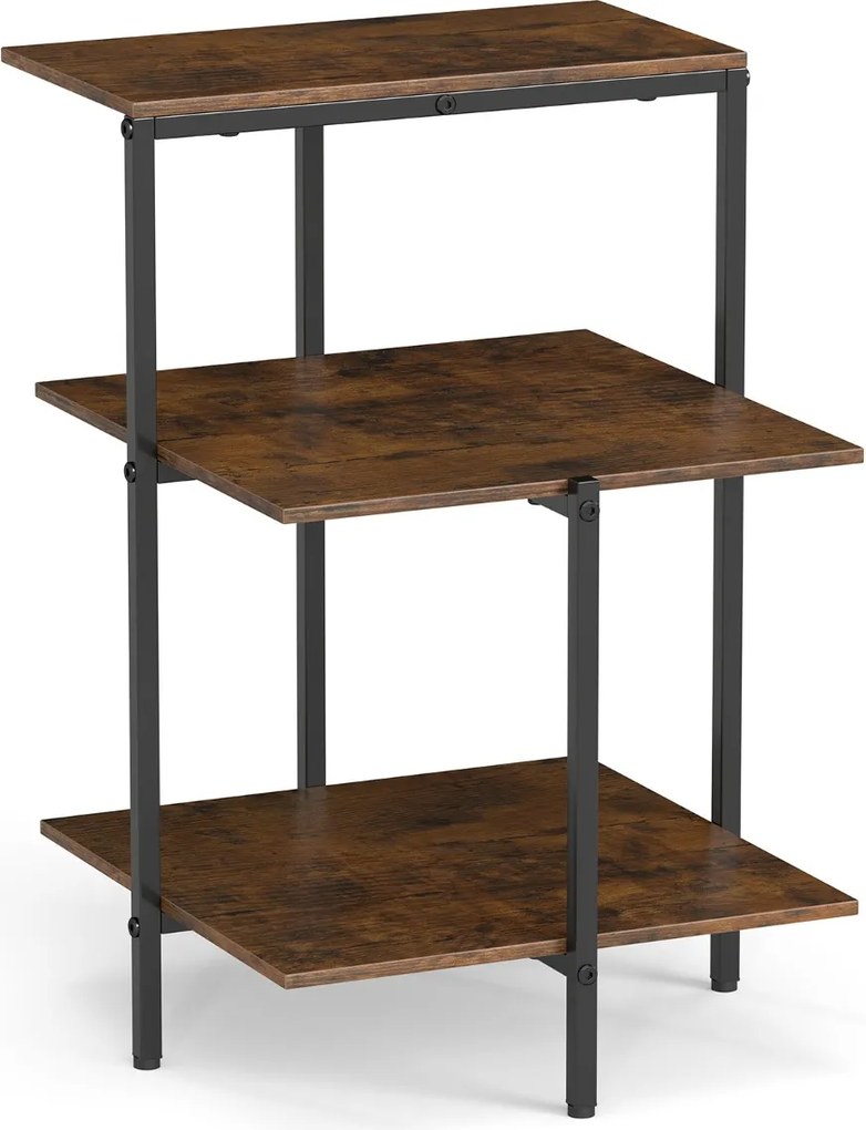 Mesa apoio industrial de 3 prateleiras, quadrada, com prateleiras abertas e estrutura metálica, para sala, quarto e espaços pequenos, em castanho rúst