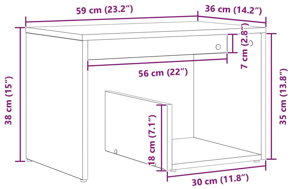 Mesa de Apoio vidaXL Preta em Madeira de Carvalho 59x36x38 cm