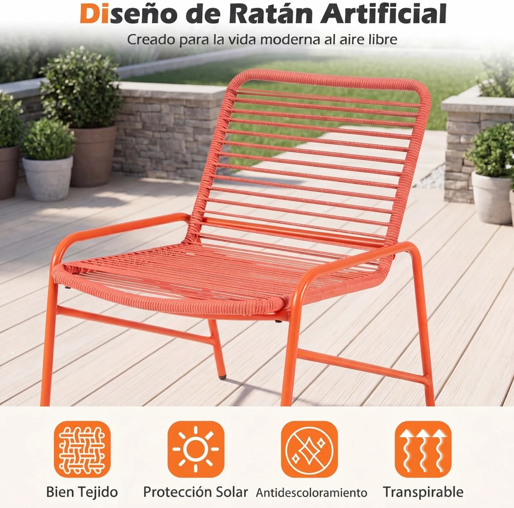 Conjunto jardim de rattan para exterior com encosto inclinado e assento curvo; mesa e cadeiras para terraço, piscina e varandas; cor laranja