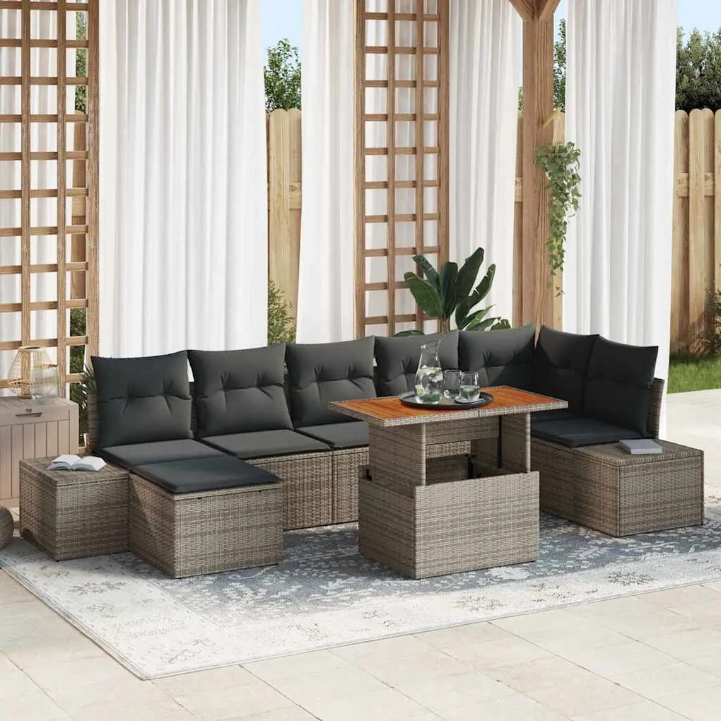 vidaXL Conjunto de Jantar de Jardim com 8 peças e Almofadas Cinzas em Rattan Polipropileno Acácia