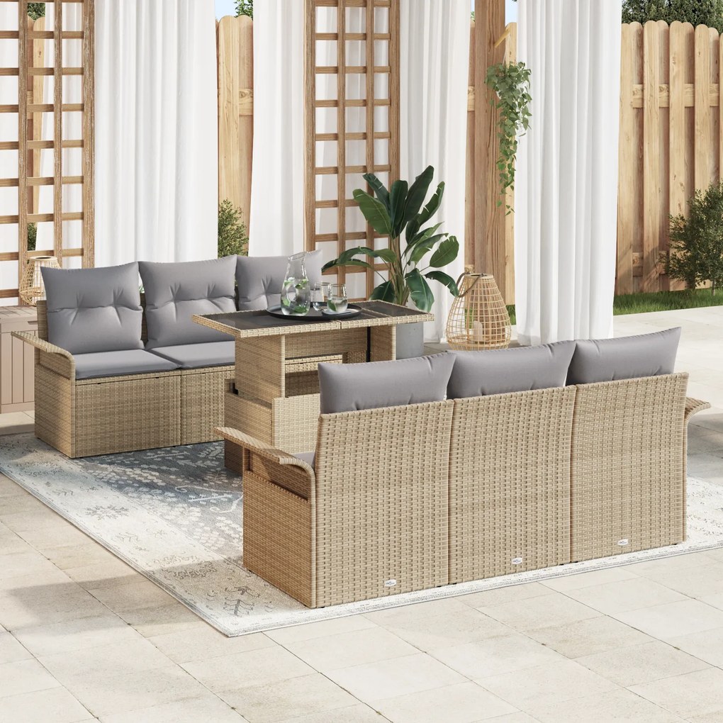 Conjunto de Sofá de Jardim de 7 Peças com Almofadas Bege Rattan Poliés