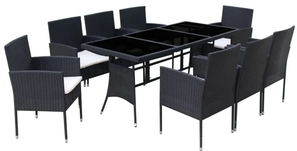 9 pcs conjunto jantar exterior com almofadões vime PE preto