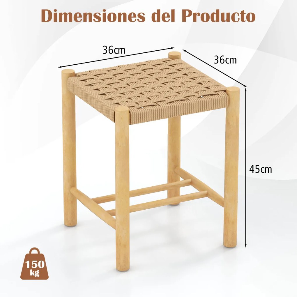 Conjunto de 2 bancos de bar/jantar, estrutura de madeira de borracha, assento de papel tecido sem encosto para cozinha 36 x 36 x 45 cm Natural