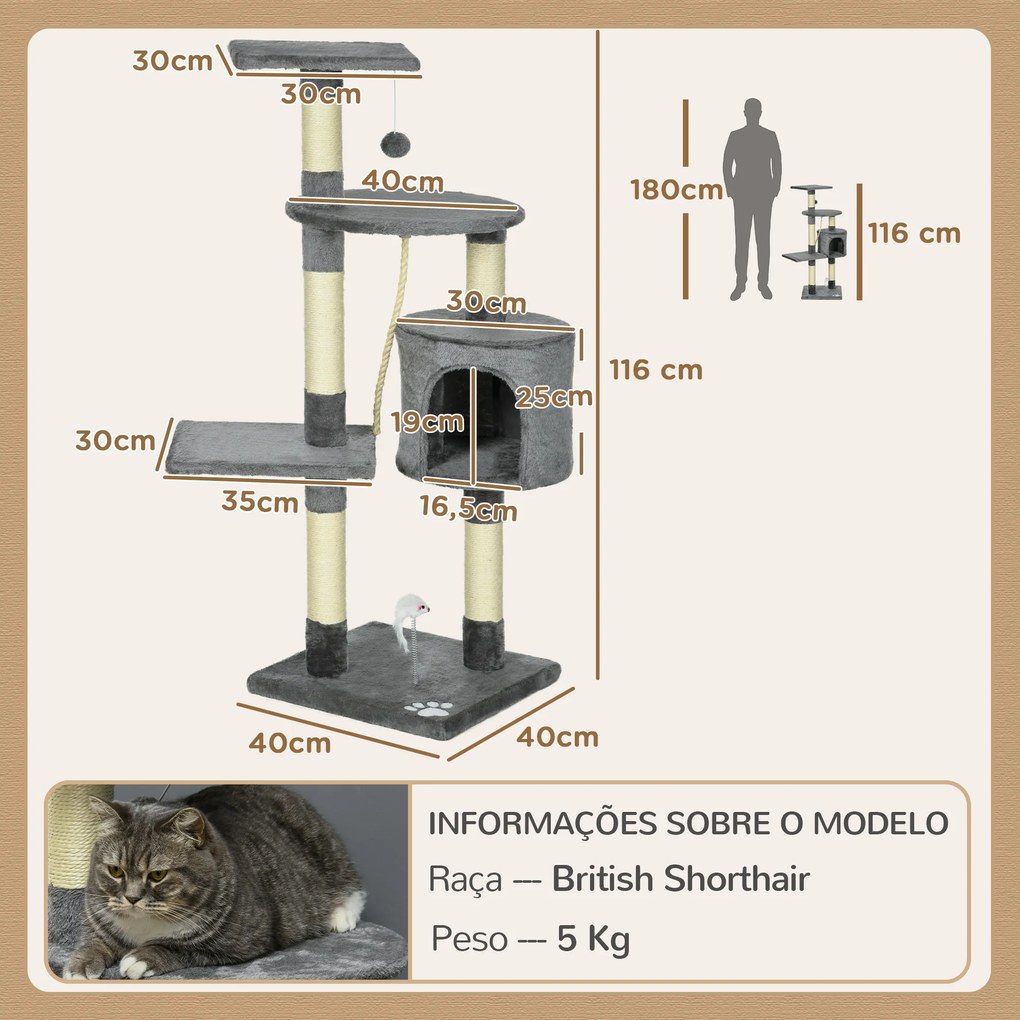 Arranhador para Gatos com 4 Níveis com Poste para Afiar as Garras Caverna Plataformas e Brinquedos 40x40x116 cm Cinzento Escuro