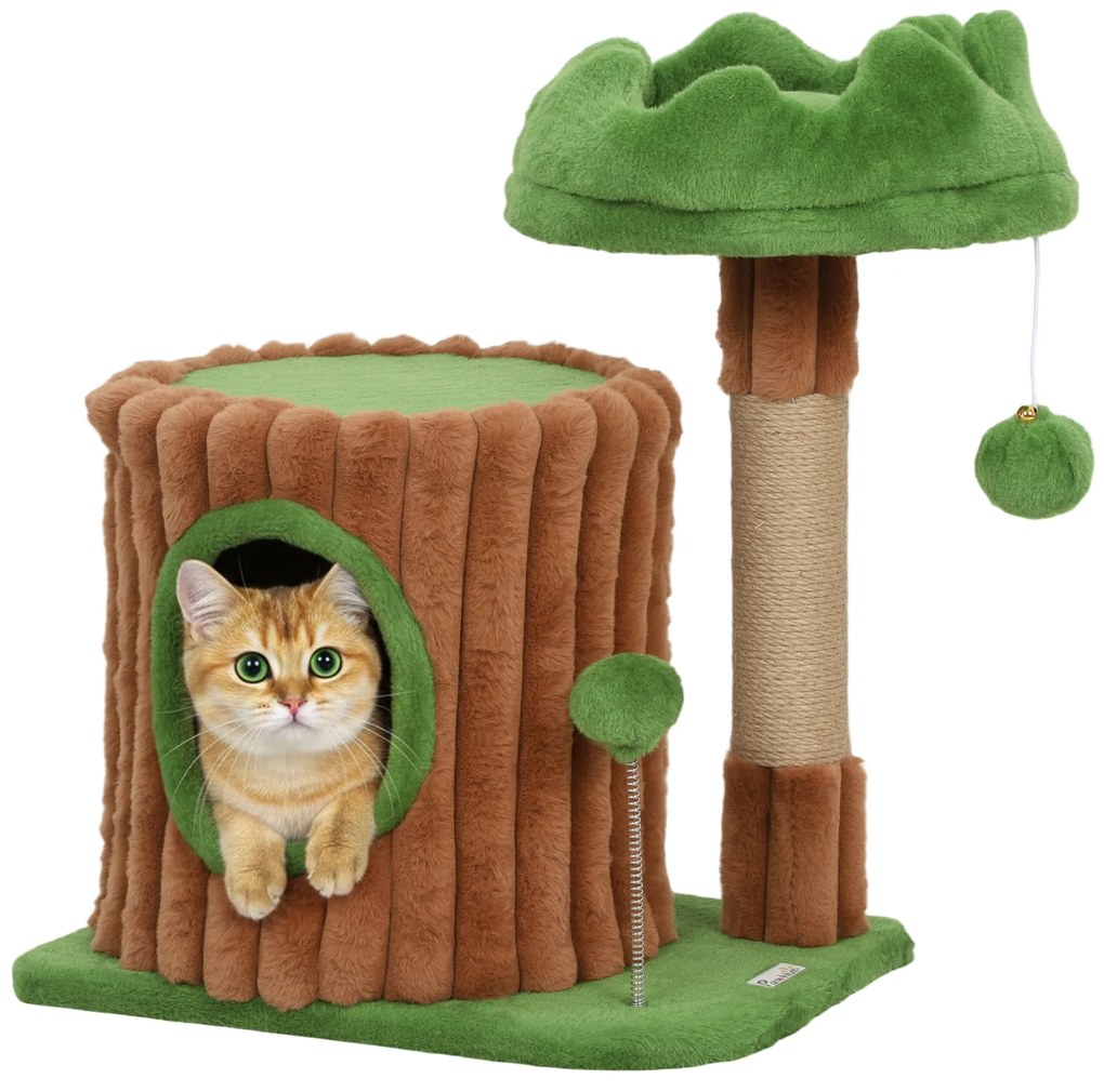 Arranhador para Gatos 53 cm Design de Tronco com Cama Caverna Poste de Juta Bolas Penduradas 40x30x53 cm Castanho e Verde