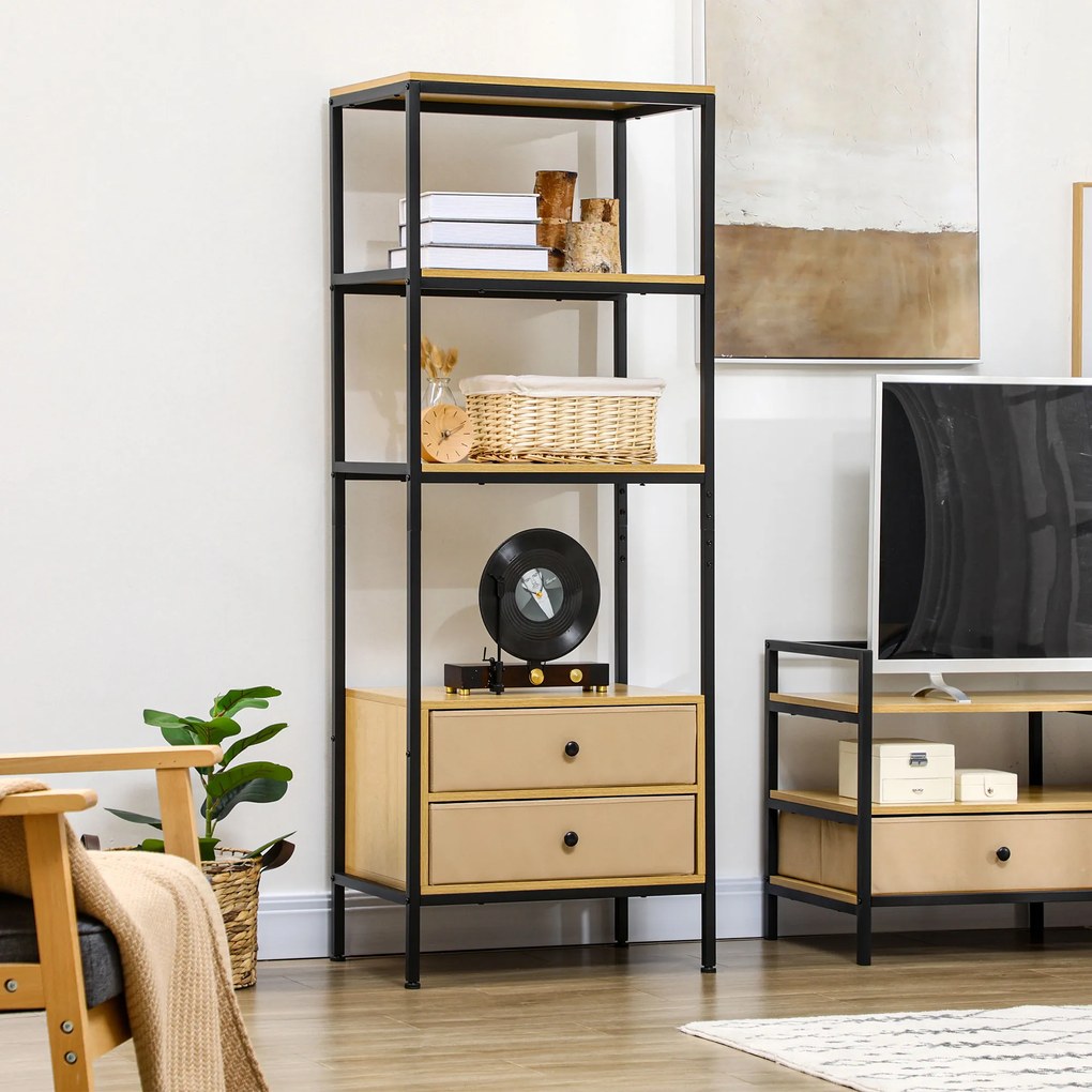 Estante de 4 Níveis com 2 Gavetas de Tecido não Tecido e Estrutura de Aço 60x40x163 cm Madeira e Preto