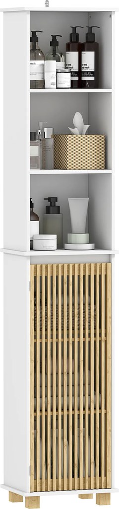 Armário de casa de banho, móvel de arrumação para casa de banho com porta de ripas de bambu e compartimentos abertos 35 x 26 x 173 cm branco