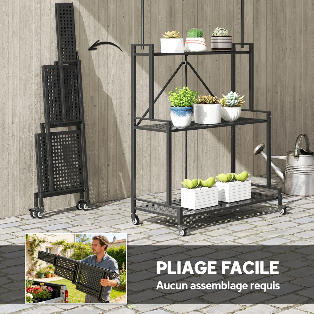 Suporte para plantas de 3 níveis com Rodas 84 x 40,5 x 174 cm, prateleira dobrável para flores em metal com 4 ganchos, preto