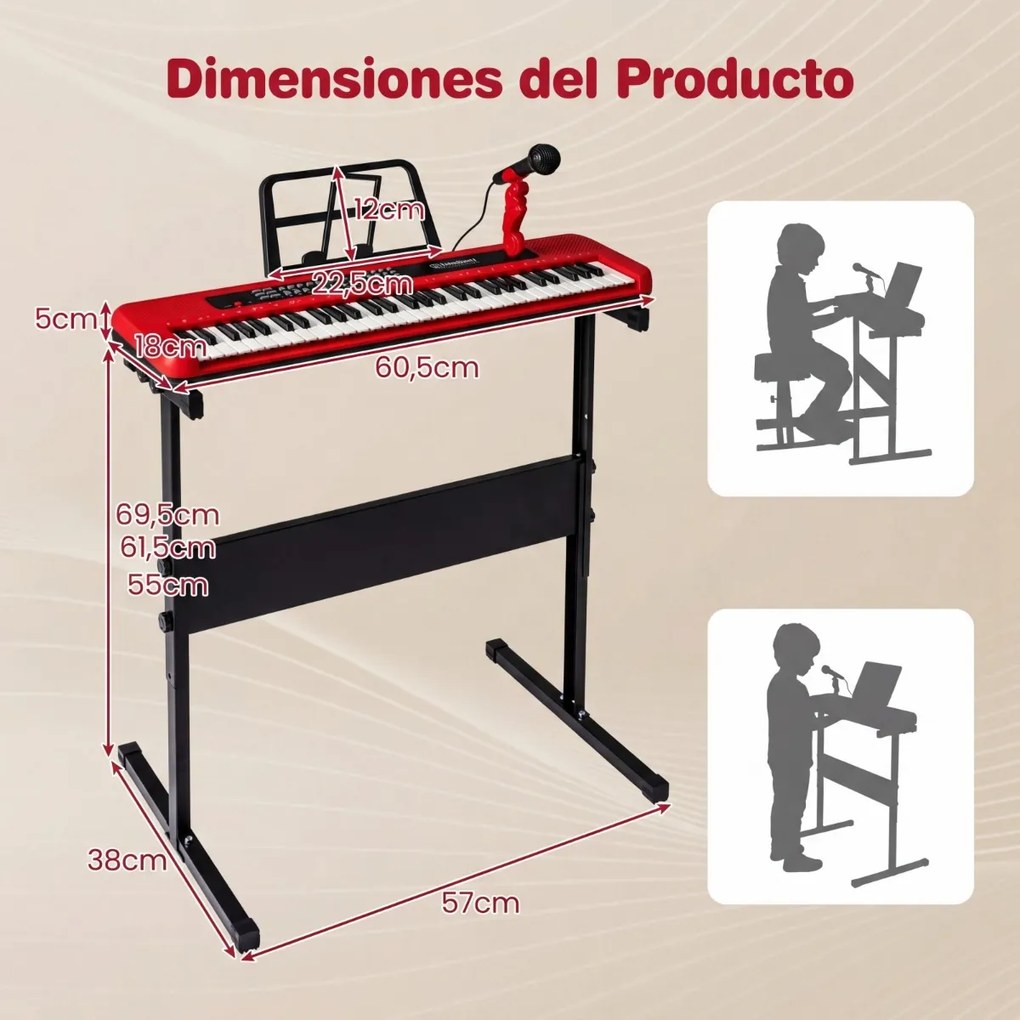 Teclado de piano de 61 teclas para crianças – Brinquedo musical, piano digital educativo com suporte ajustável, microfone e suporte para partituras ve