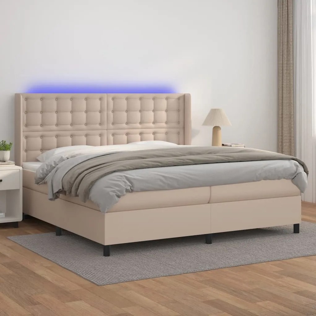 Cama box spring c/colchão/LED 200x200cm couro artif. cappuccino