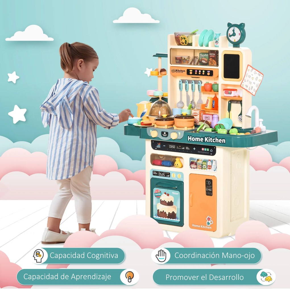 HOMCOM Cozinha de Brinquedo para Crianças acima de 3 Anos com Luz Sons Água Vapor Lousa 113 Acessórios Incluidos Cozinha Infantil Educativa 70x32x92,2cm Multicor