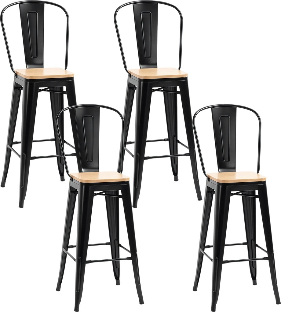Conjunto de 4 bancos de bar com encosto e apoio para os pés, altura do assento 76 cm, metal preto, em imitação de madeira clara