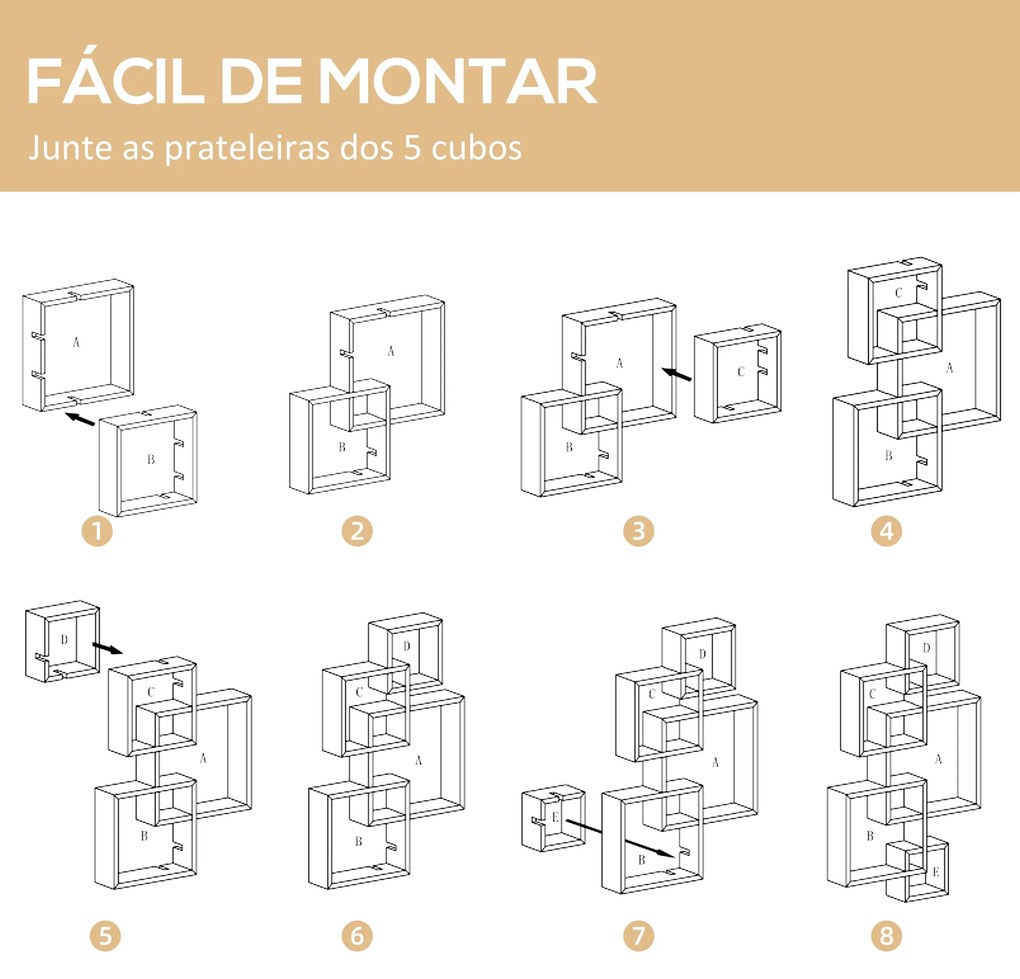 Estante de Parede com 5 Cubos Estante Flutuante de Madeira para Sala de Estar Dormitório Entrada Estúdio Estilo Moderno 49,5x10,2x86cm Branco