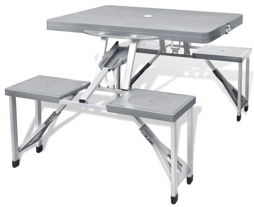 Conjunto mesa campismo c/ 4 bancos alumínio extra cinza-claro