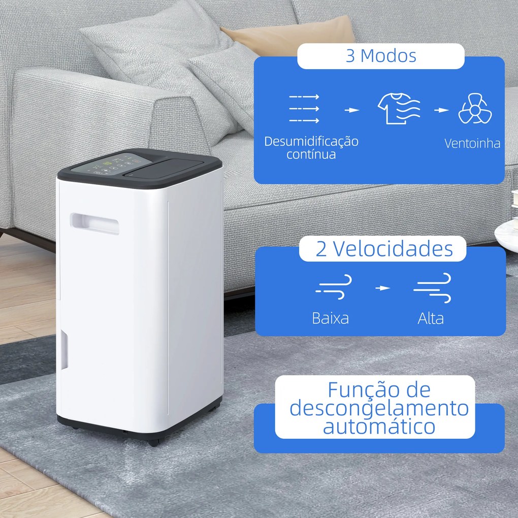 Desumidificador Depósito de Água 6 Litros 20L/Dia com 4 Modos 2 Velocidades Ecrã LED Temporizador 33,5x26x53 cm Branco