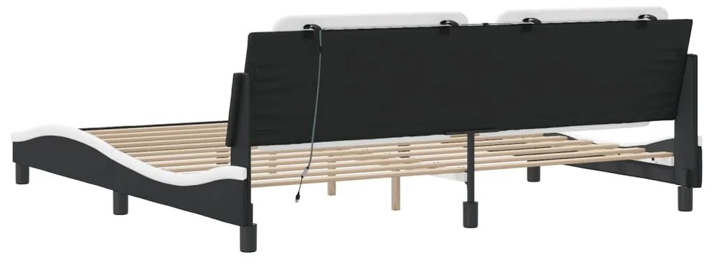 Estrutura cama c/ luz LED 200x200 cm couro artif. preto/branco