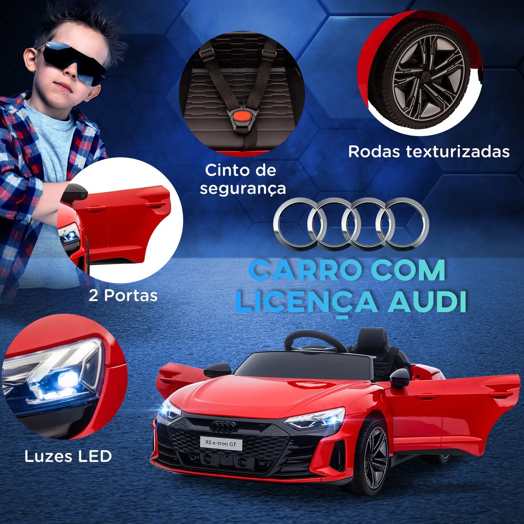 Carro Elétrico AUDI RS E-Tron GT 12V com 2 Motores Controlo Remoto Faróis LED Buzina Música USB 3-5km/h 103x58x41 cm Vermelho