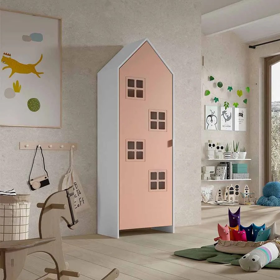 Guarda roupa infantil da coleção CASAMI é inteiramente lacado a branco e porta rosa
