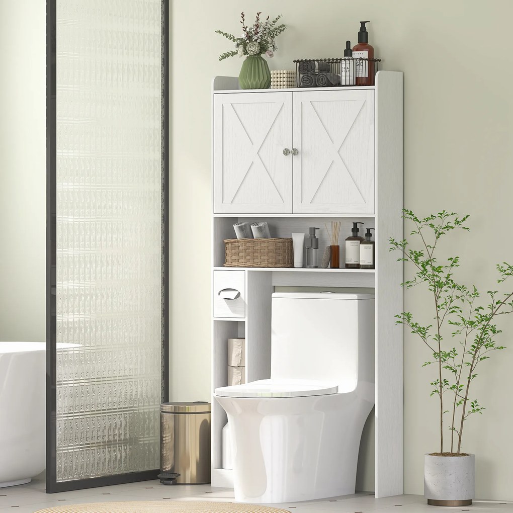 Móvel de casa de banho para colocar sobre a sanita 81,5 L x 19,6 P x 172 A cm, com armário com porta tipo celeiro, prateleira ajustável, compartimento