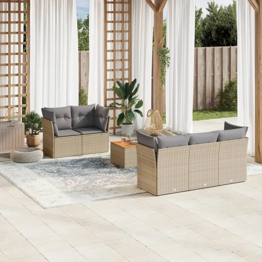 6 pcs conjunto de sofás p/ jardim com almofadões vime PE bege