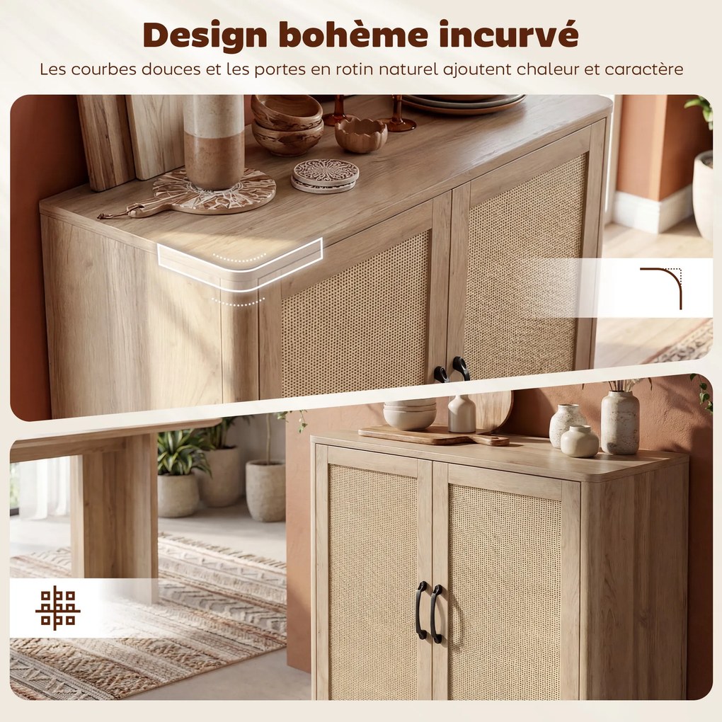 Aparador de sala 76 x 35 x 75,5 cm, móvel de arrumação com 2 portas em rattan, prateleira ajustável e cantos arredondados, cor carvalho