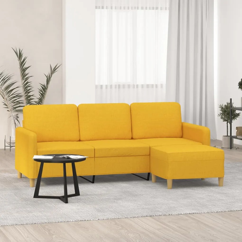 Sofá de 3 lugares com apoio de pés 180 cm tecido amarelo-claro