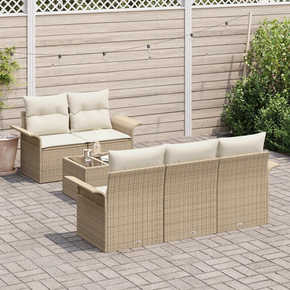 Conjunto de Sofá de Jardim de 6 Peças com Almofadas Bege Rattan Sintét