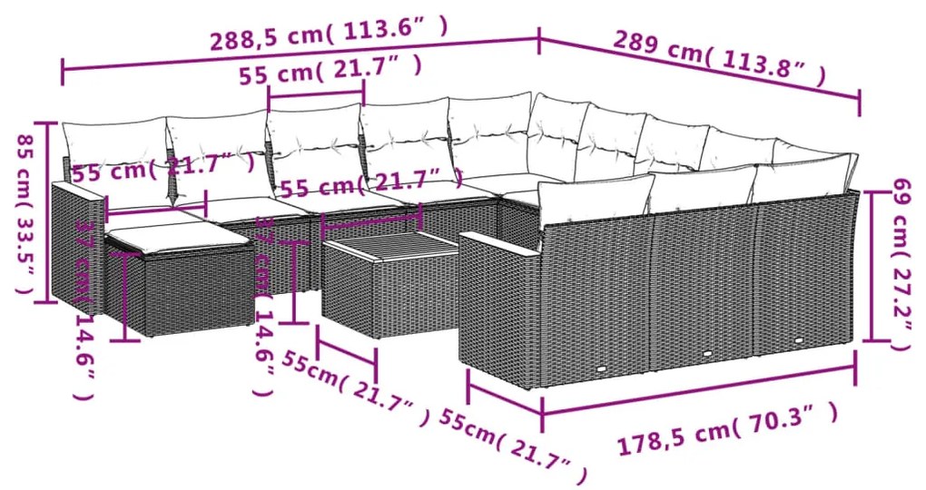 13 pcs conjunto de sofás p/ jardim com almofadões vime PE bege