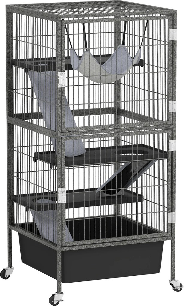 PawHut Gaiola para pequenos animais 4 andares com bandeja elevável Rampas Rede Rodízios Plataformas 52x52x115 cm Cinza | Aosom Portugal