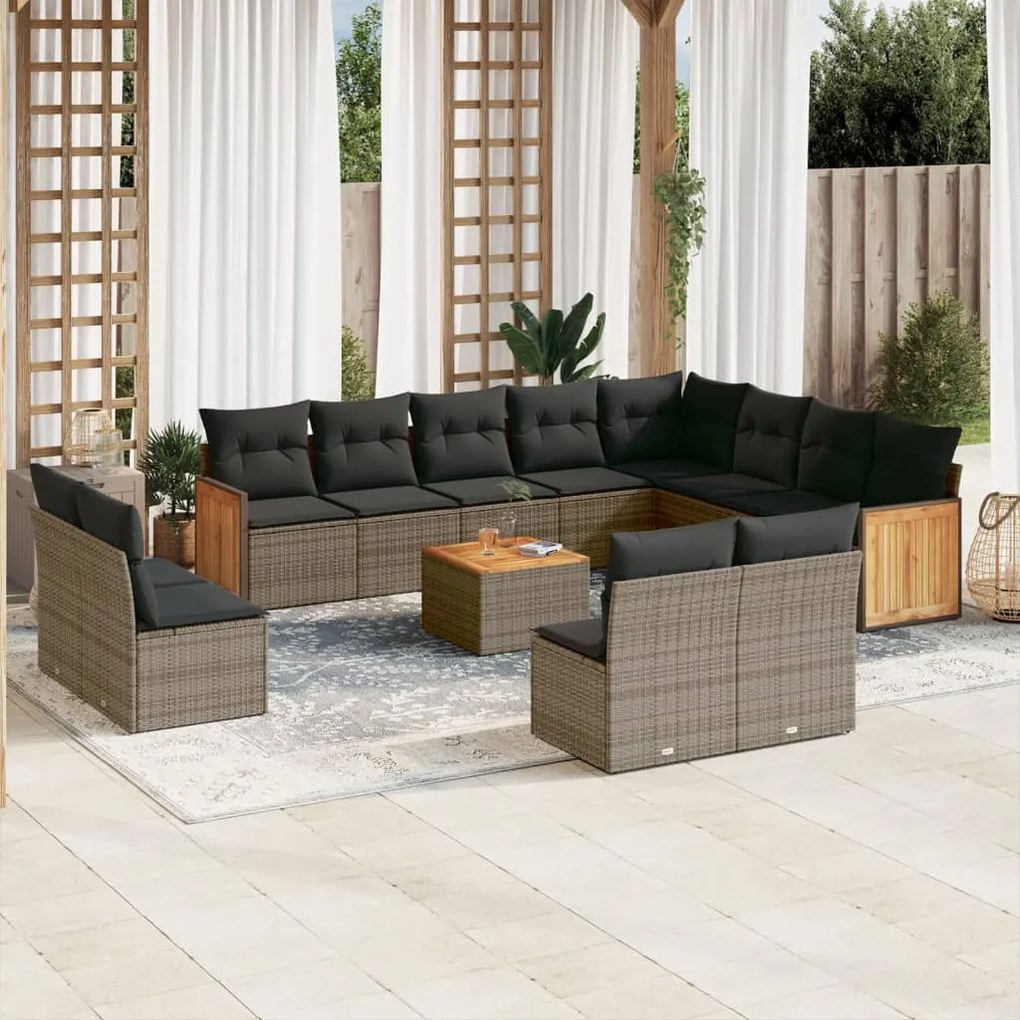 vidaXL 13 pcs conjunto sofás p/ jardim c/ almofadões vime PE cinzento