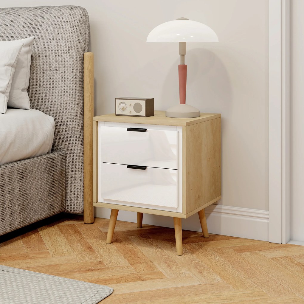 Conjunto de 2 Mesas de Cabeceira Modernas com 2 Gavetas de Deslizamento Silencioso Pés de Madeira 40x35x50 cm Branco Brilhante e Carvalho