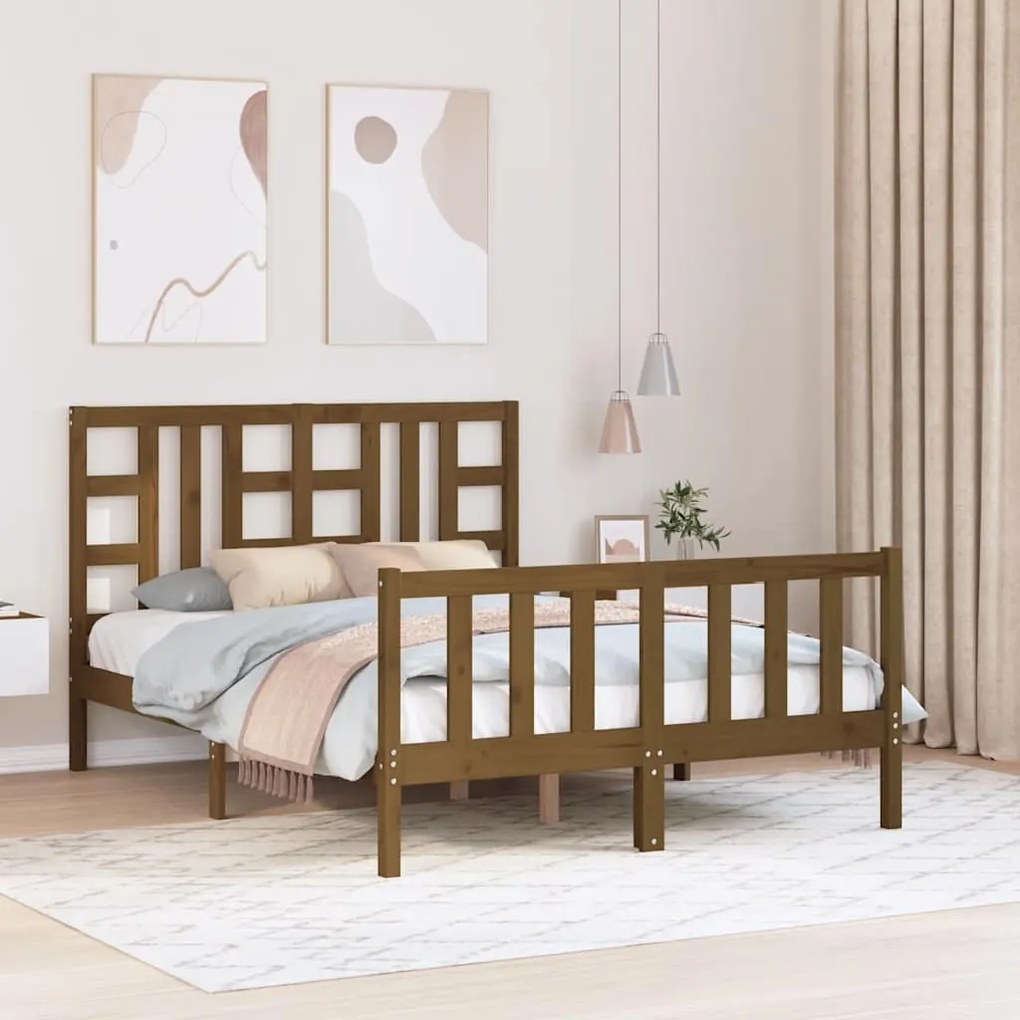 Estrutura cama casal com cabeceira madeira maciça castanho-mel