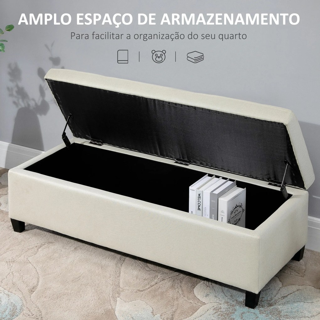 Banco de Armazenamento Acolchoado Banco Estofado em Linho Tampa com Abertura  125x49x41,5 cm Bege