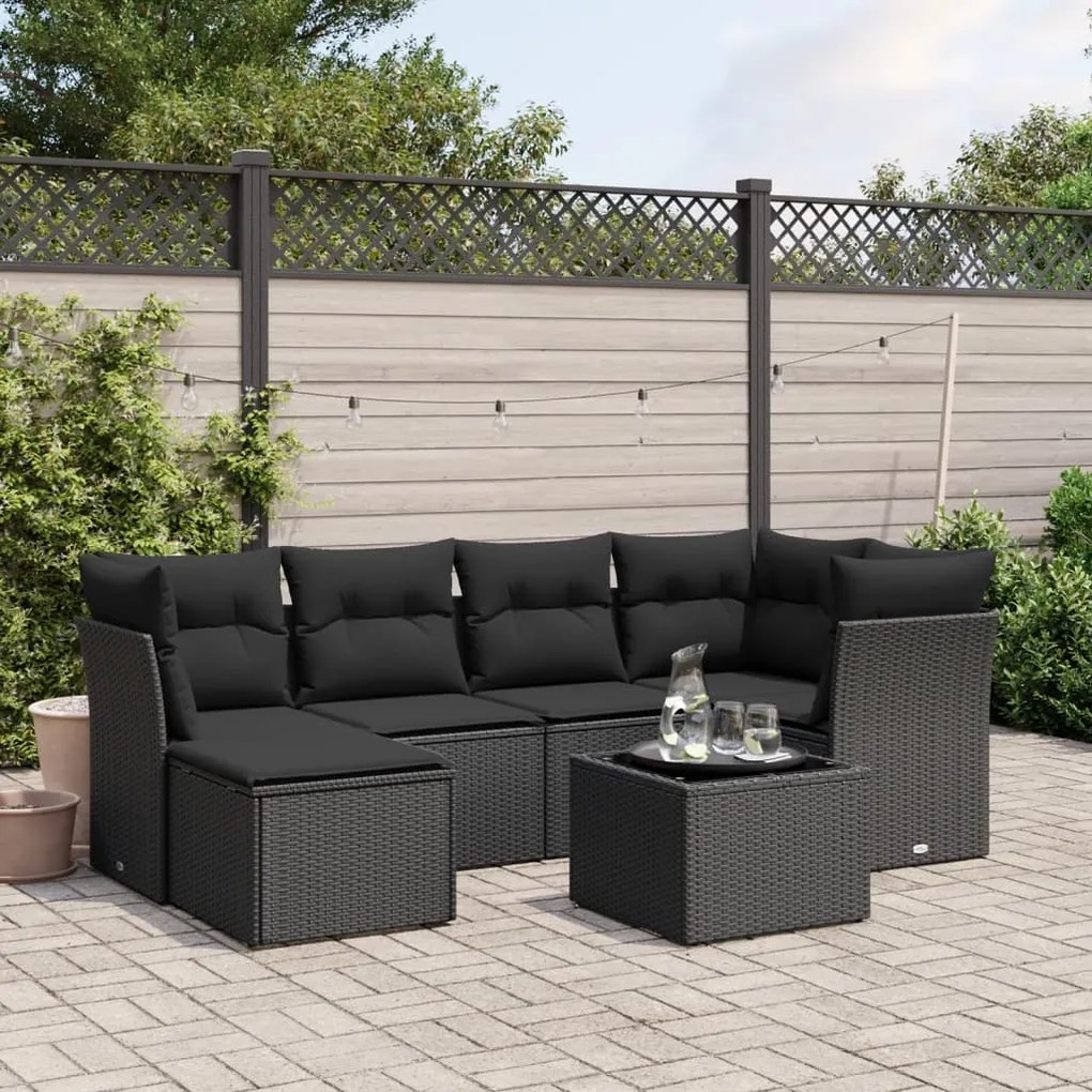 vidaXL 7 pcs conjunto de sofás p/ jardim c/ almofadões vime PE preto