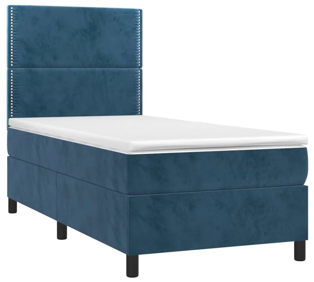 Cama box spring c/ colchão/LED 100x200 cm veludo azul-escuro