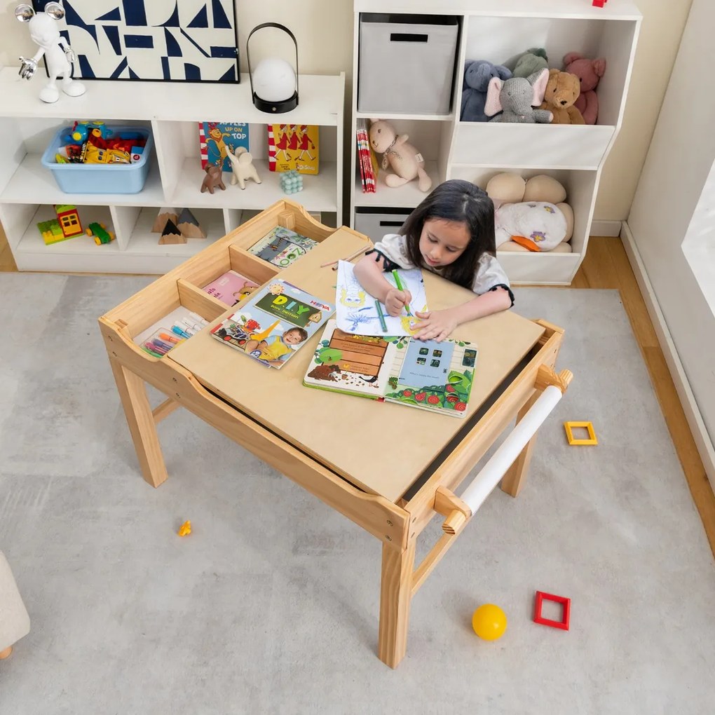 Mesa de atividades infantil em madeira com tabuleiro reversível, compartimentos e porta-rolo 86,5 x 60 x 57 cm Natural