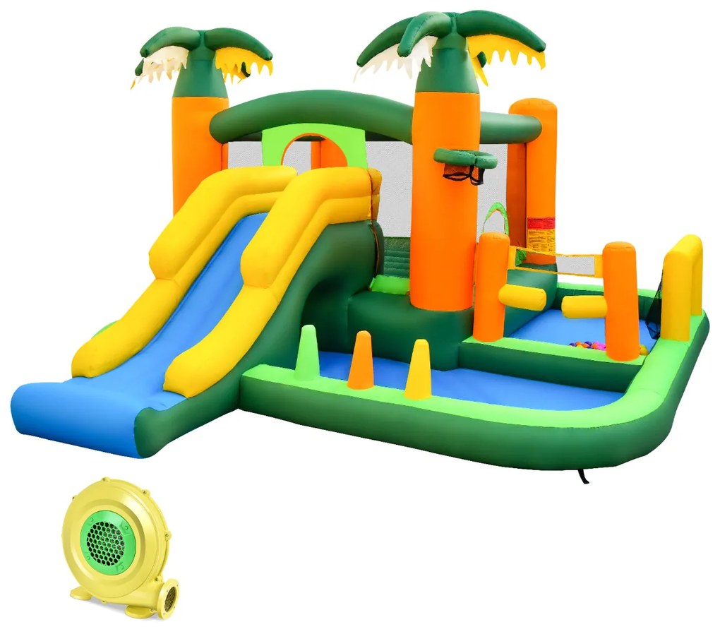 Castelo insuflável com tema palmeira tropical 8 em 1 com Ventilador de ar 2 piscinas de bolas baliza Futebol e vôlei 468 x 406 x 240 cm Multicolorido