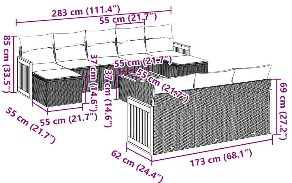 11 pcs conjunto sofás de jardim c/ almofadões vime PE preto
