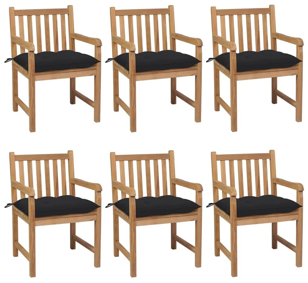 vidaXL Cadeiras de jardim c/ almofadões pretos 6 pcs teca maciça