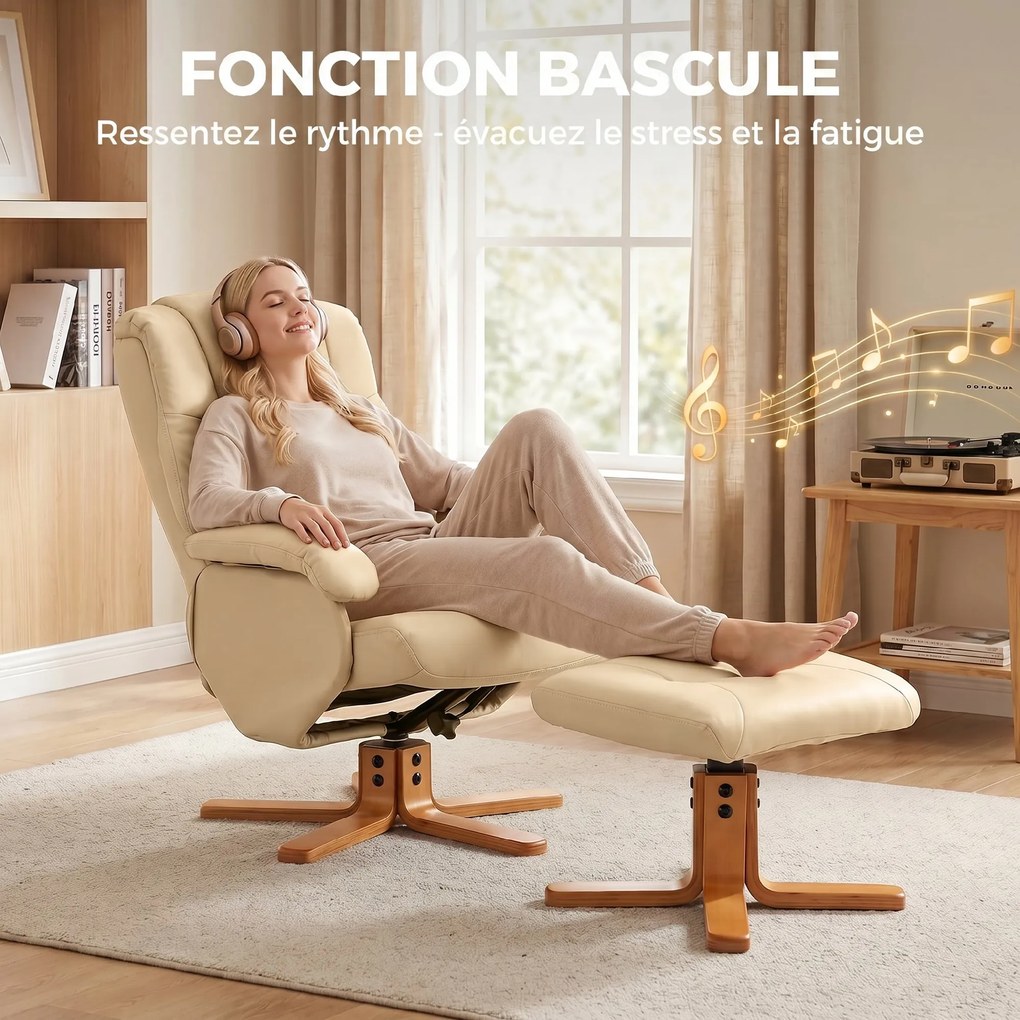 Poltrona de relaxamento com apoio para os pés, giratória a 360°, encosto reclinável, capacidade de 120 kg, bege