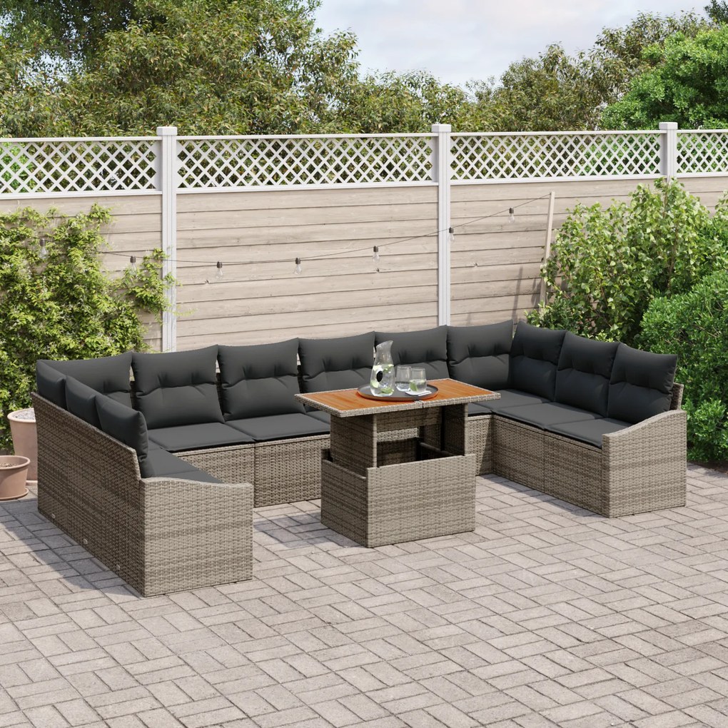 Conjunto de Sofá de Jardim de 11 Peças com Almofadas Cinza Rattan Poli