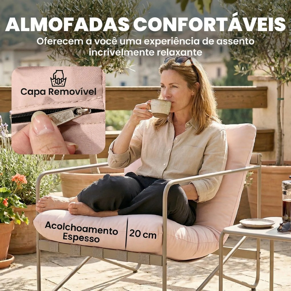 Conjunto de Jardim de 4 peças com Sofá de 2 Lugares 2 Poltronas Mesa de Vidro Temperado e Almofadas Grossas para Terraço Rosa