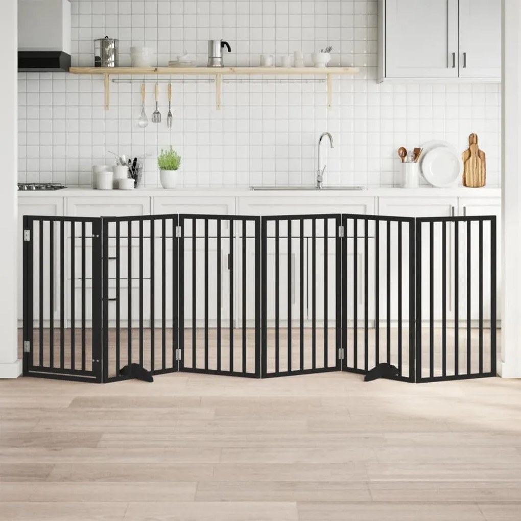 vidaXL Portão p/ cães com porta dobrável 6 painéis 300 cm álamo preto