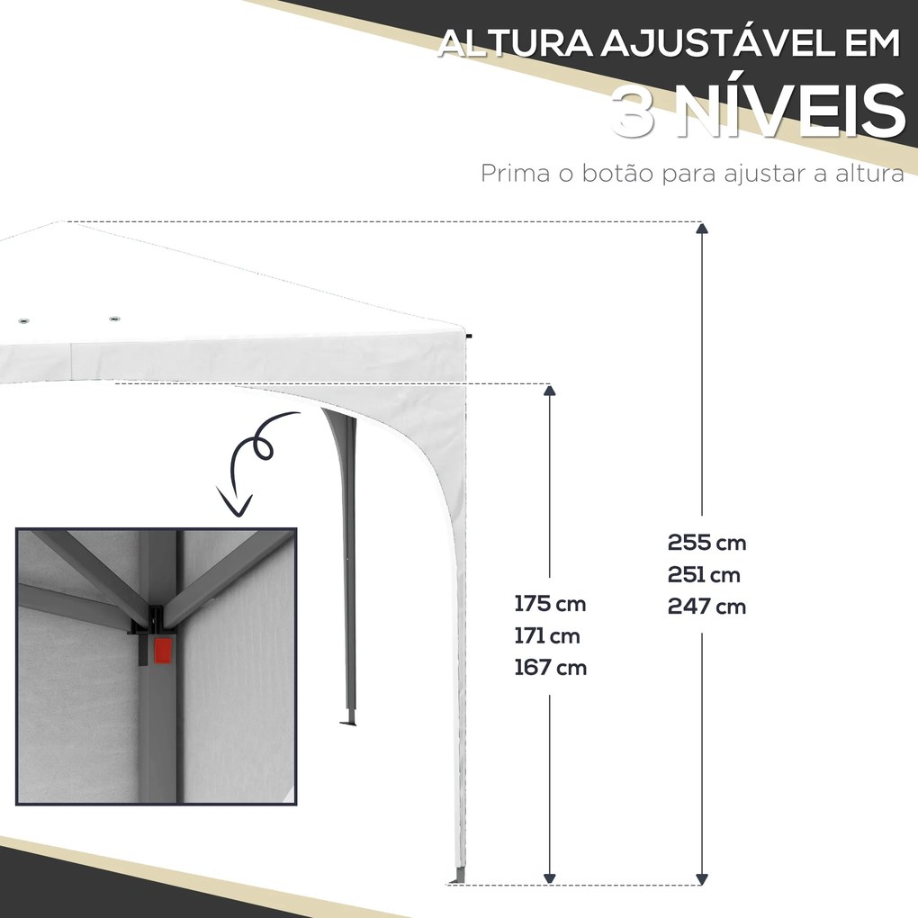 Tenda Dobrável 3x3 cm Tenda de Jardim com Altura Ajustável Bolsa de Transporte Tecido Anti-UV e Sacos de Areia Branco
