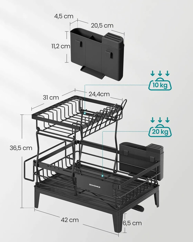 Escorredor de pratos com dois níveis 31 x 42 x 36,5 cm Preto