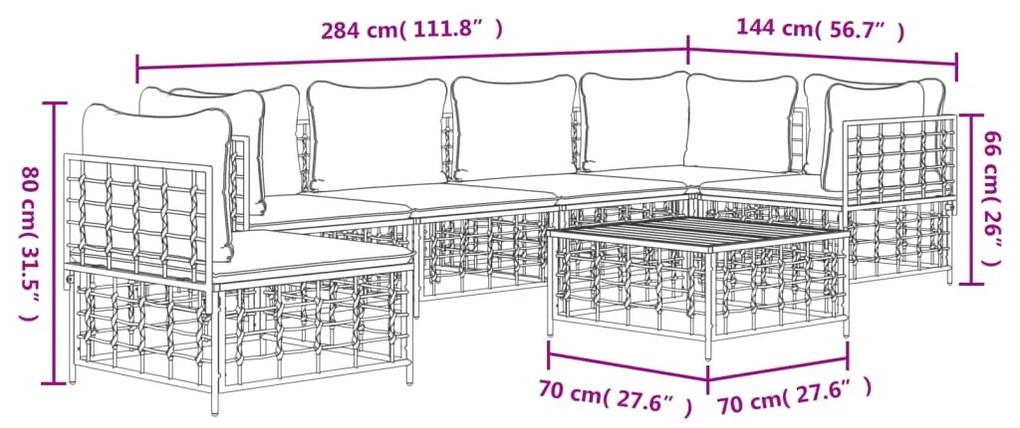 7 pcs conjunto lounge de jardim c/ almofadões vime PE antracite