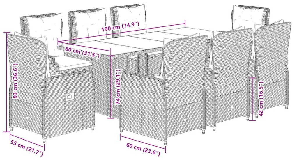 9 pcs conjunto de jantar p/ jardim com almofadões vime PE bege